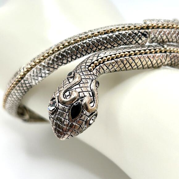 Vintage Snake Cleopatra Arm Cuff Bracelet Silver Tone with Rhinestone Eyes - Picture 2 of 6